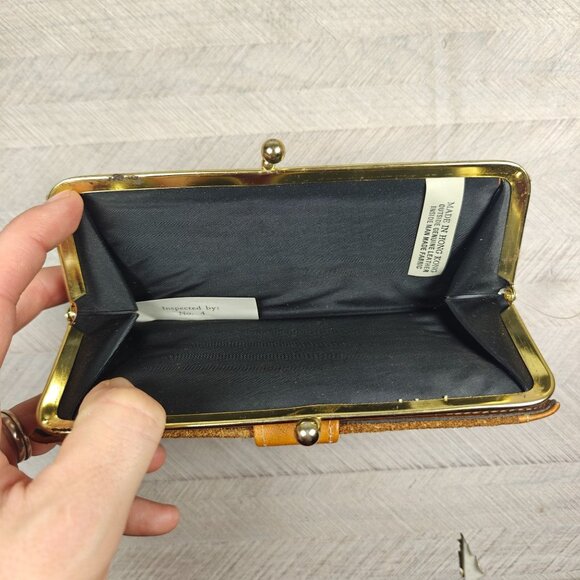 Vintage Suede Genuine Leather Wallet Checkbook Clutch Gold Trim Kisslock NEW - Picture 5 of 9